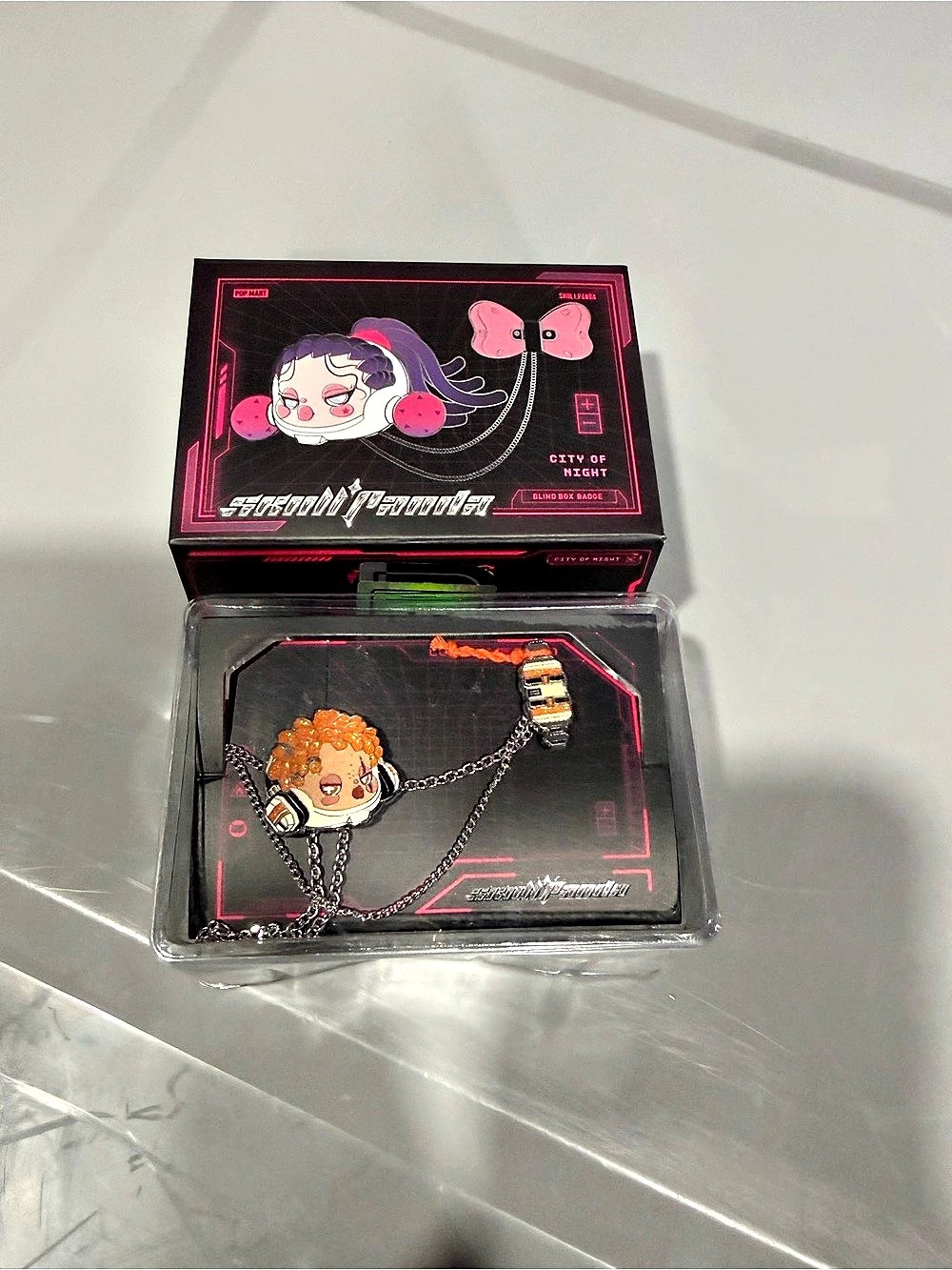 Pop Mart Skullpanda City of Night Blind Box Badge Necklace Black & Orange